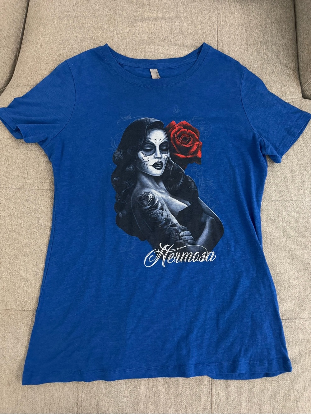 Next Level Apparel Women's Blue Short Sleeve Graphic Tee with Red Rose